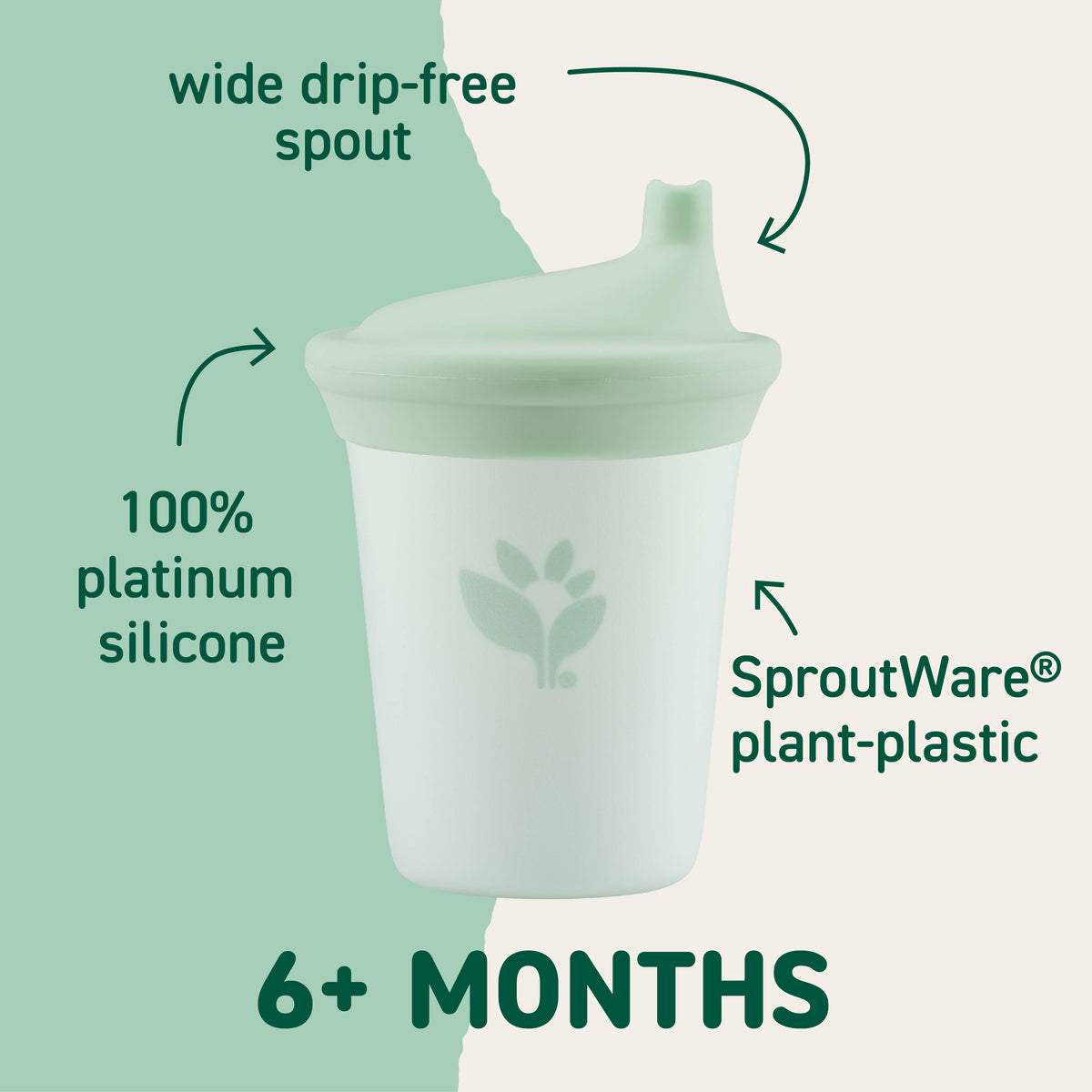 Sippy cup for ages 6 months and up with wide drip-free silicone spout and SproutWare plant-plastic cup