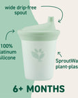 Sippy cup for ages 6 months and up with wide drip-free silicone spout and SproutWare plant-plastic cup