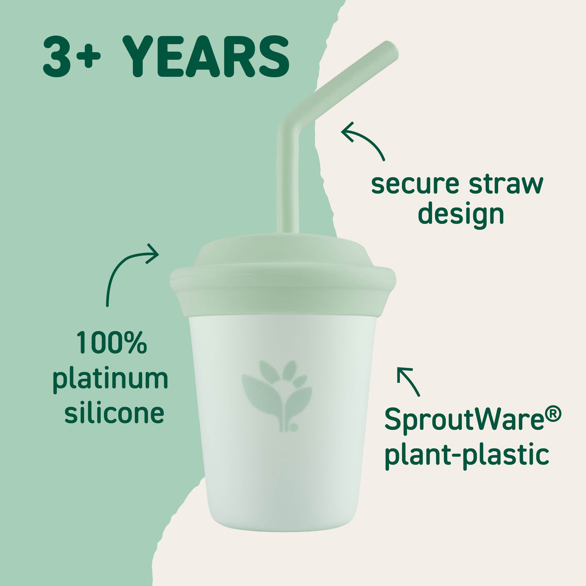 Straw cup for ages 3 and up with secure silicone straw and SproutWare plant-plastic cup