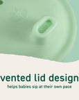 Sippy cup with vented lid designed to help babies sip at their own pace