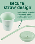 Straw cup with secure built-in stopper to help prevent the straw from being pulled out