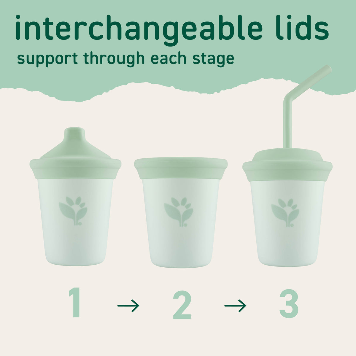 Three cup lid options showing interchangeable designs that support different stages