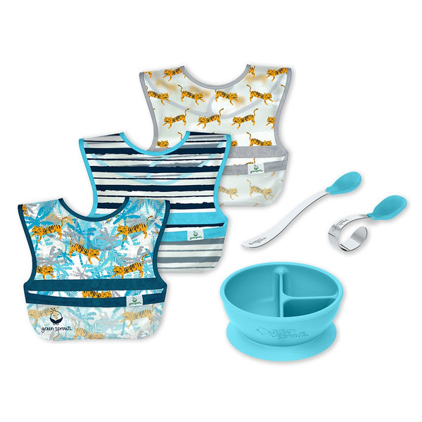 Baby Mealtime Learning Set with the three aqua patterned wipe-off bibs, a aqua learning bowl with suction base, and the aqua learning spoon set.