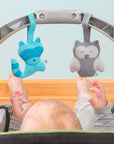 The blue raccoon and gray owl friends are attached to the handle of a carrier as a baby reaches up to play.