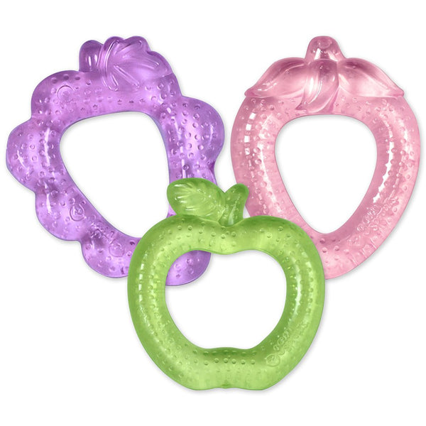 Three Cool Fruit Teether, Light Purple Grapes, Light Pink Strawberry, and Light Green Apple.
