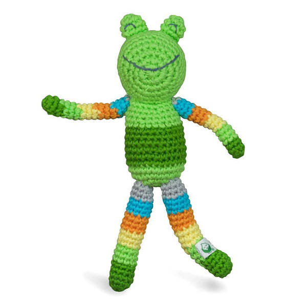 A green and striped rainbow patterned rattle crocheted to look like a frog.