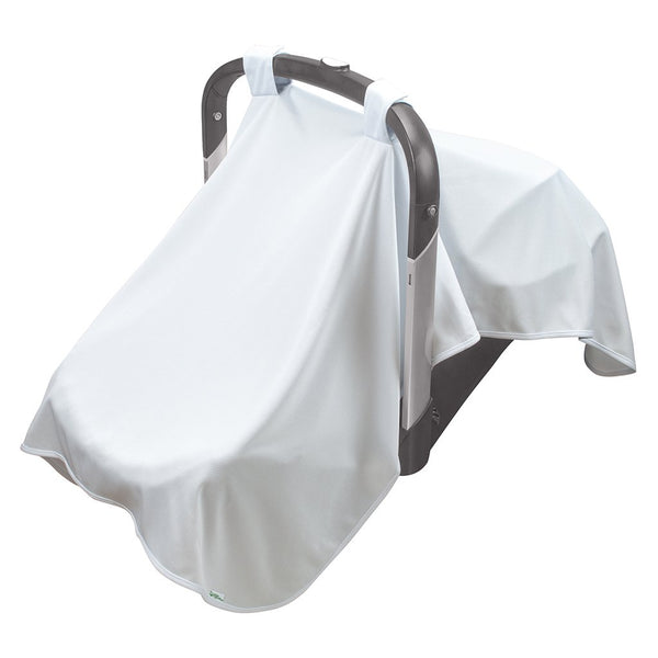 A white Breathable Sun Blanket hanging over a baby carrier.