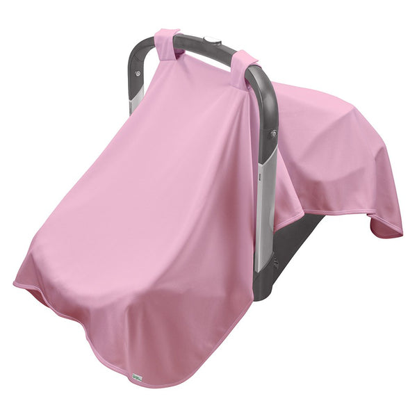 A light pink Breathable Sun Blanket hanging over a baby carrier.