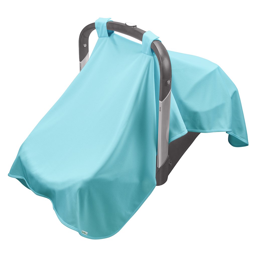 A light blue Breathable Sun Blanket hanging over a baby carrier.